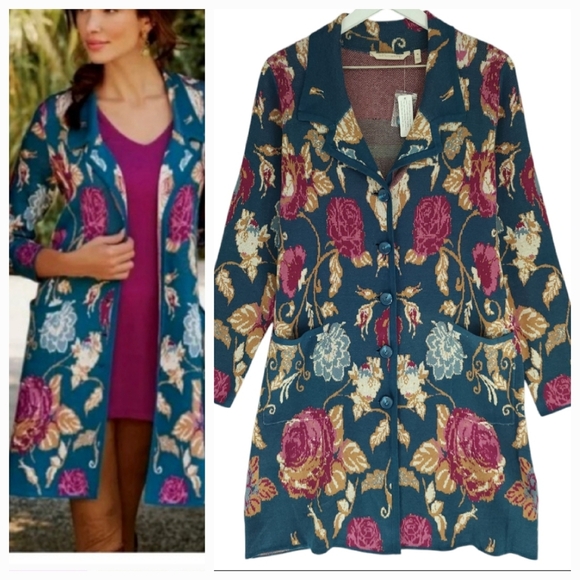 Soft Surroundings Longline Knit Cardigan In Floral Fairy Glen - Picture 2 of 10